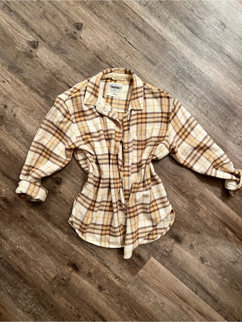 American Eagle Outfitters Cream, Brown & Mustard Plaid Shirt